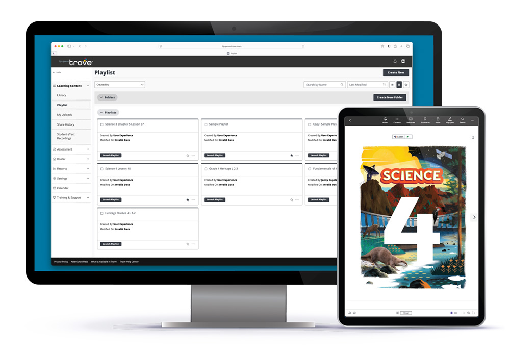 Trove on a computer screen and a Science 4 etextbook on an iPad screen