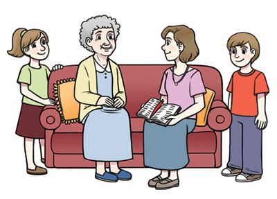 sitting on a sofa sharing the Gospel