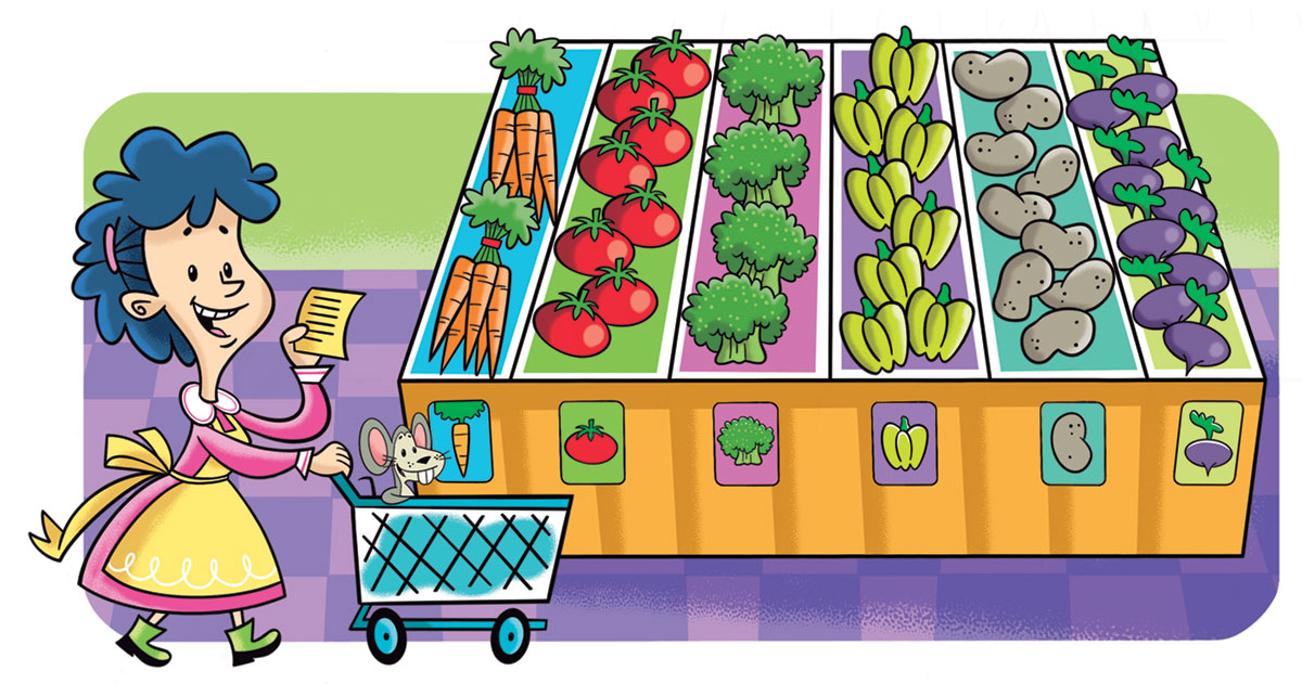 Mrs. Brown and Cheddar the mouse shopping for vegetables