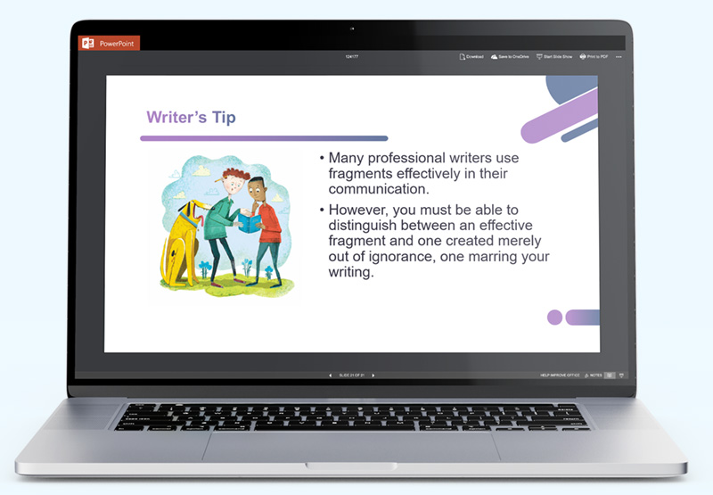 a laptop displaying a Writing & Grammar PowerPoint slide on Trove