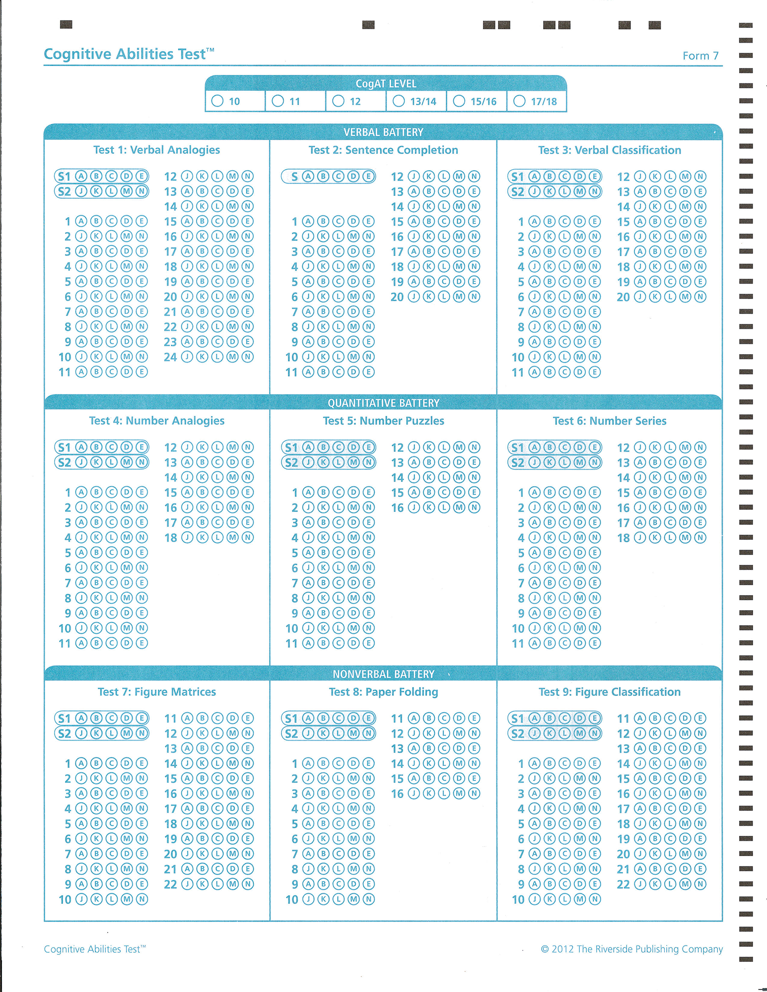 CogAT Form 7: Levels 10-17/18 Answer Doc: School Purchase